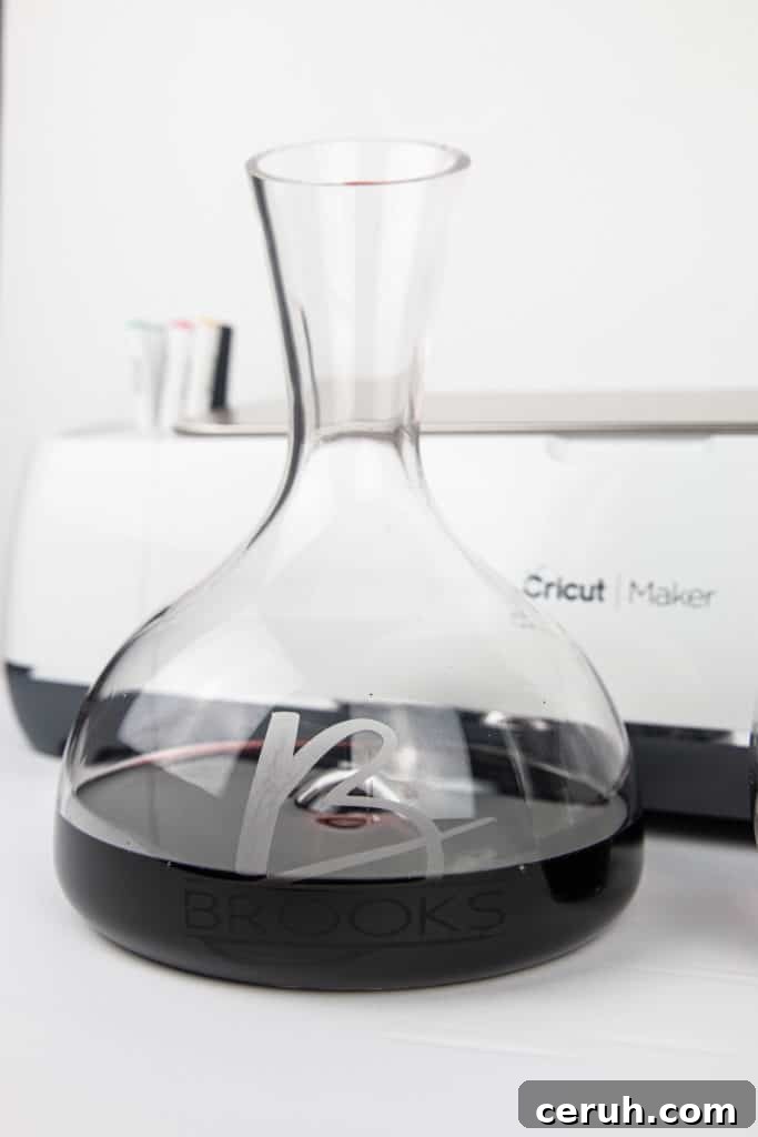 How to Etch a Wine Decanter with Your Cricut: Step-by-Step Guide 17 Finished etched decanter