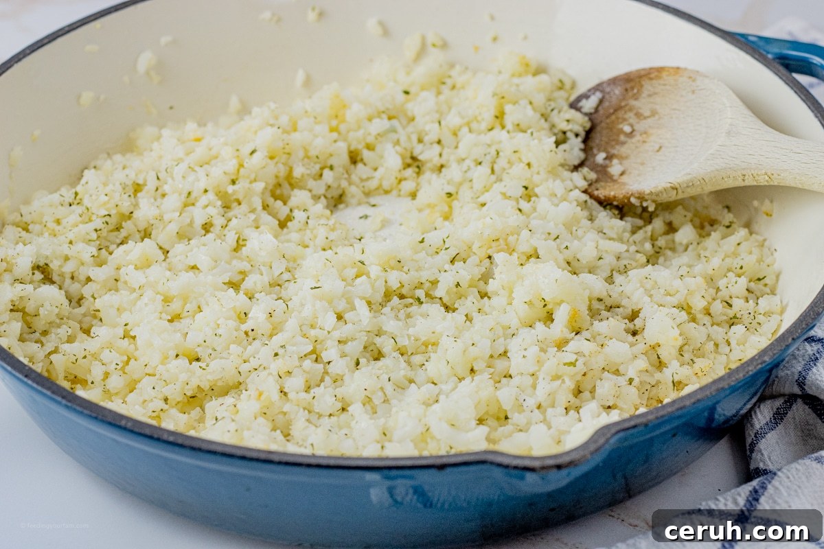 riced cauliflower in a large skillet