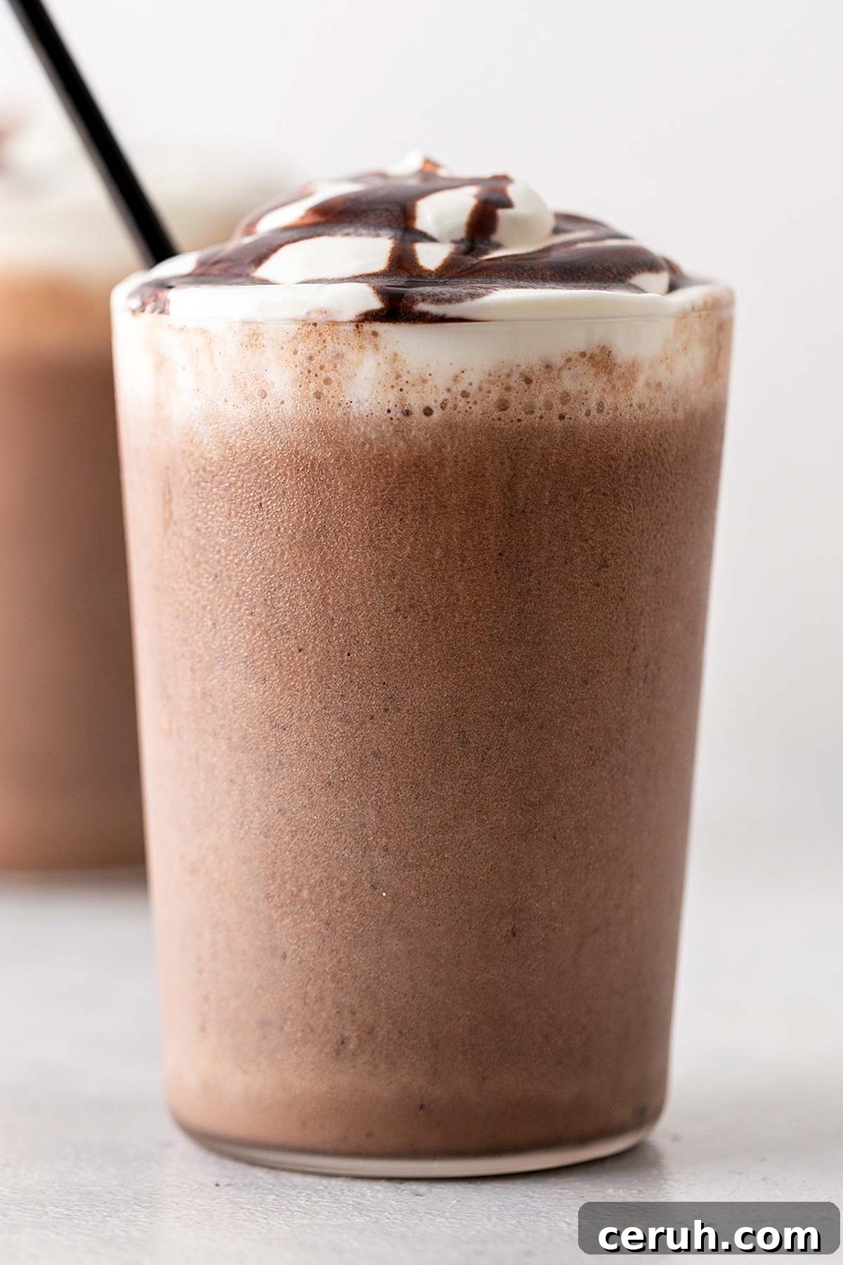 Double Chocolaty Chip Frappuccino in a cup with whipped cream and chocolate drizzle.