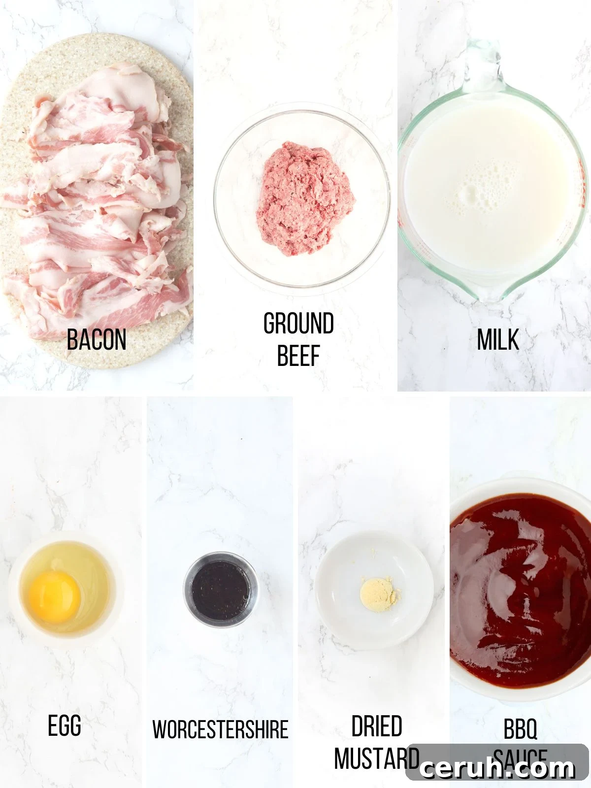 Collage of ingredients needed to make BBQ meatloaf with bacon.