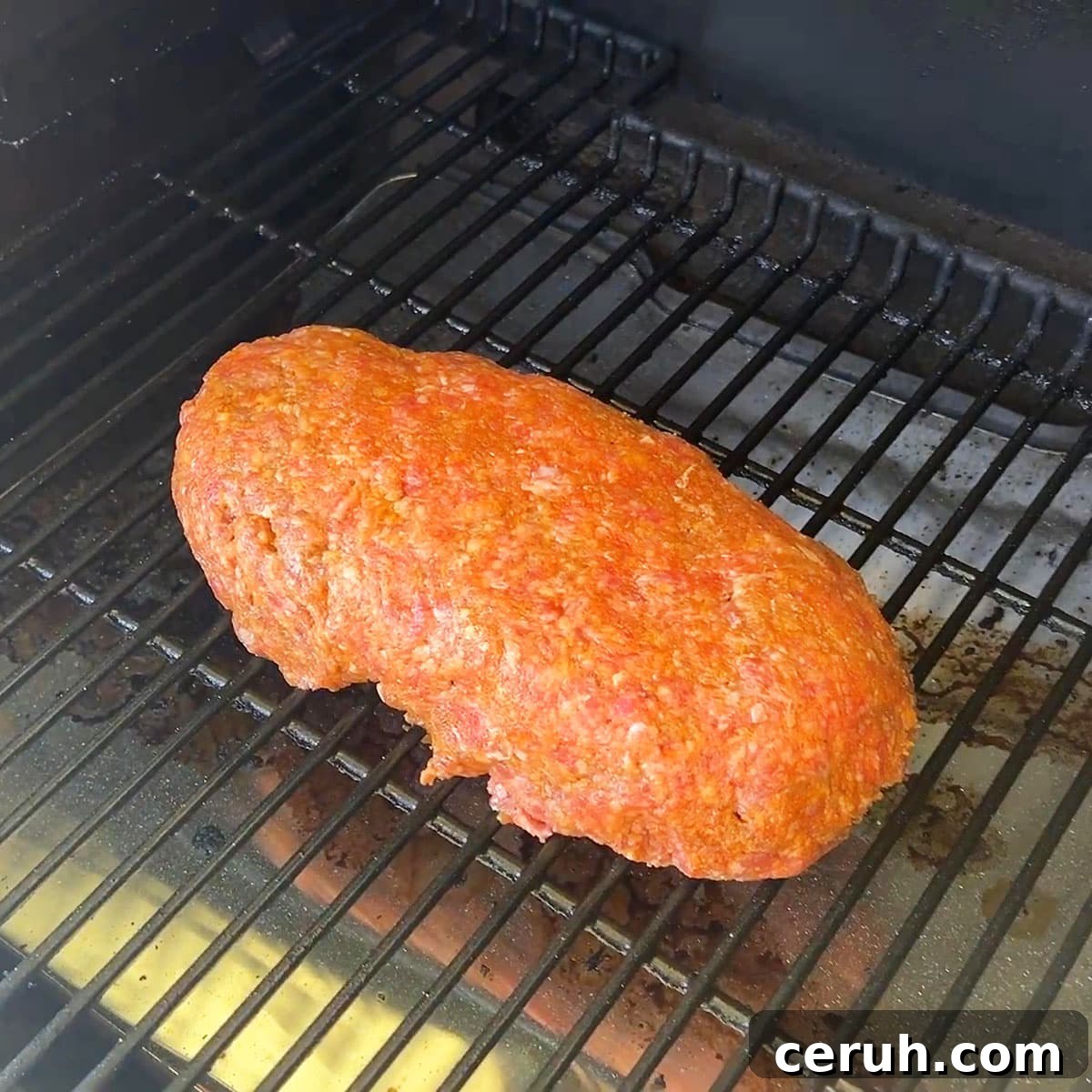 Uncooked Traeger meatloaf on the grill grates.