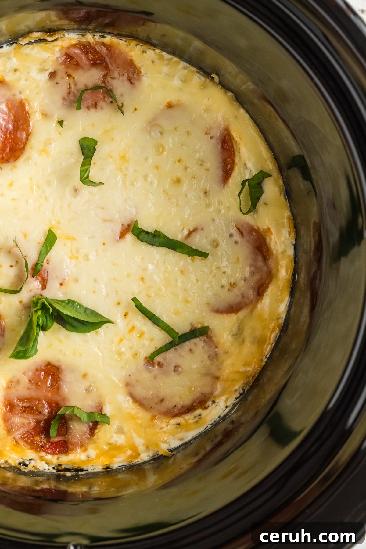 close-up overhead of white pizza dip in a slow cooker.