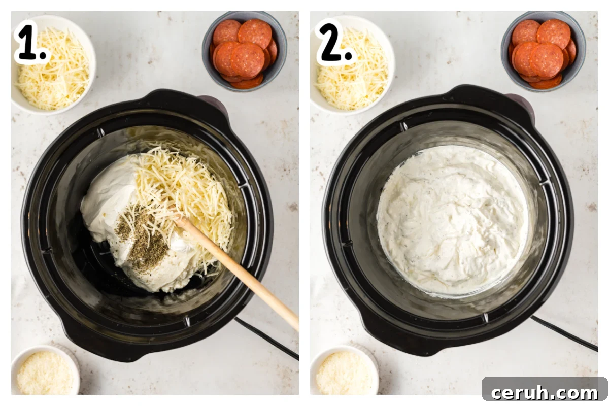 two images showing how to make slow cooker white pizza dip.