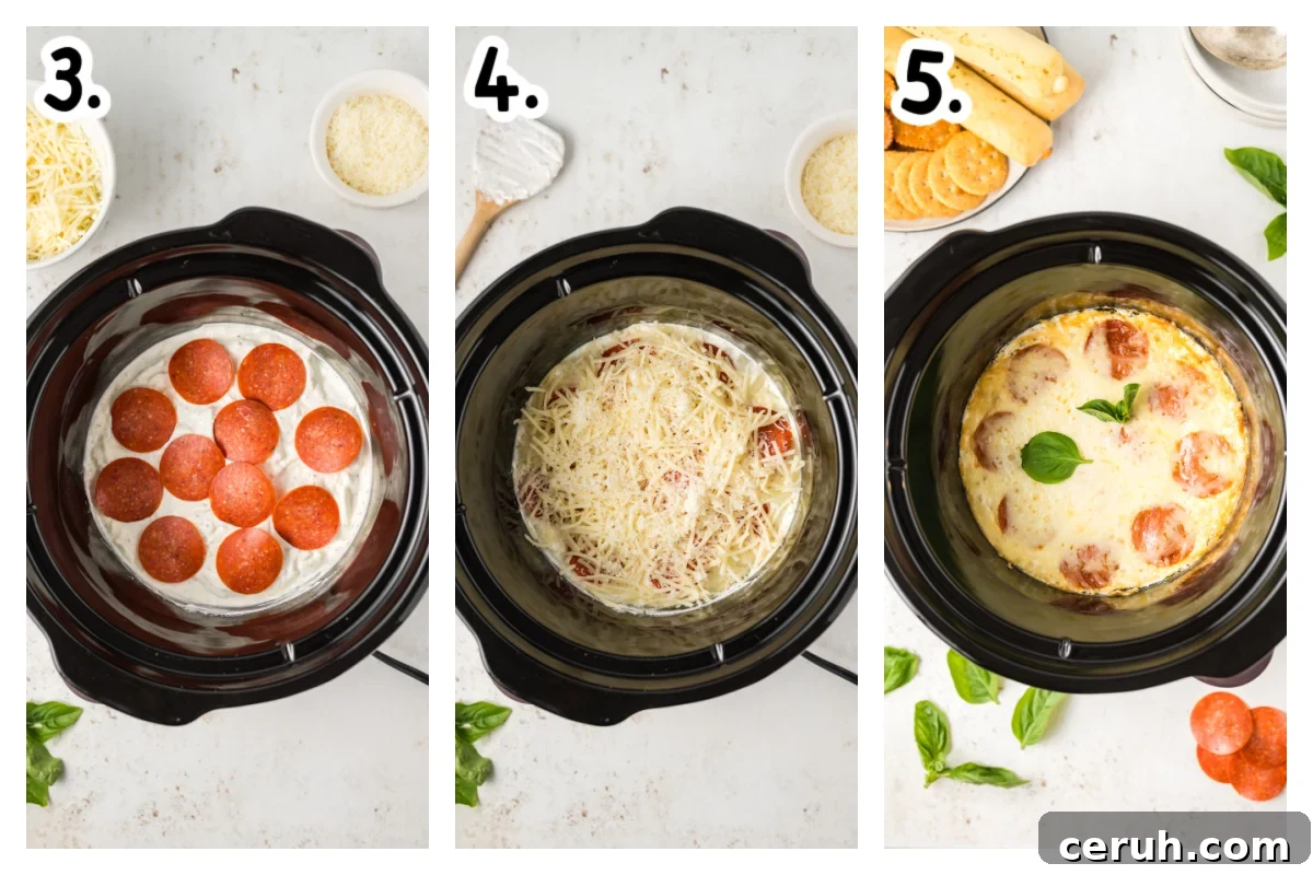 three images showing how to make white pizza dip in a crockpot.