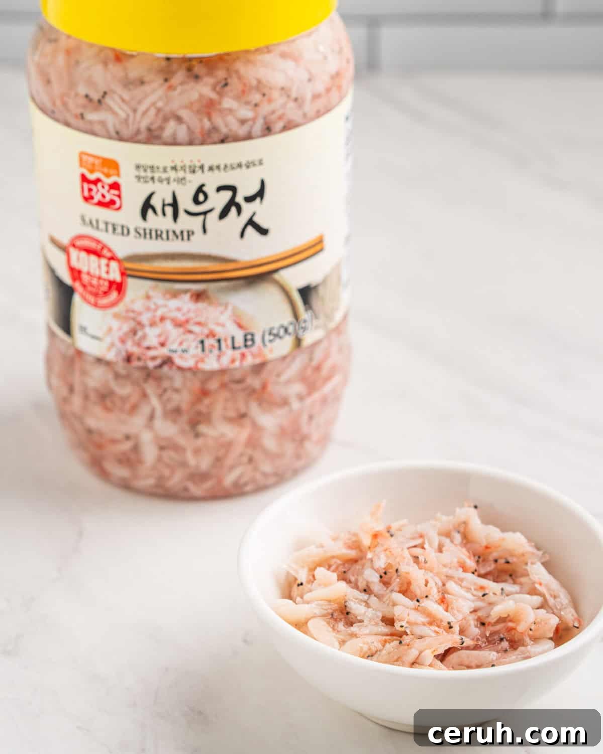salted fermented shrimp (saeujeot) in jar and bowl.