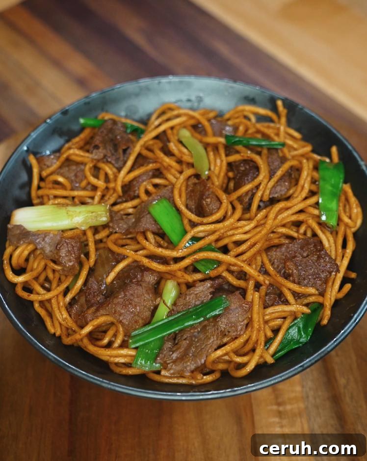 A finished bowl of beef lo mein featuring perfectly coated noodles, tender slices of beef, and vibrant green onions. This final presentation showcases the glossy sauce and balanced stir-fry technique.