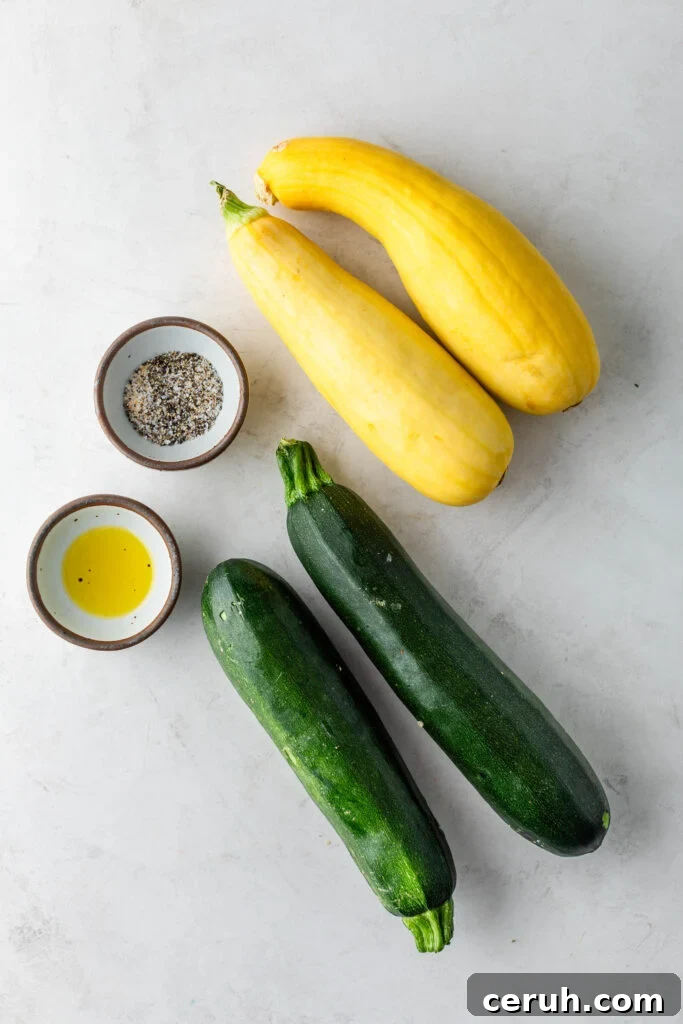 Roasted Zucchini and Summer Squash with Garlic and Parmesan 3 easy roasted zucchini and squash ingredients. two zucchini, 2 yellow squash, pinch bowl with spices and pinch bowl with oil