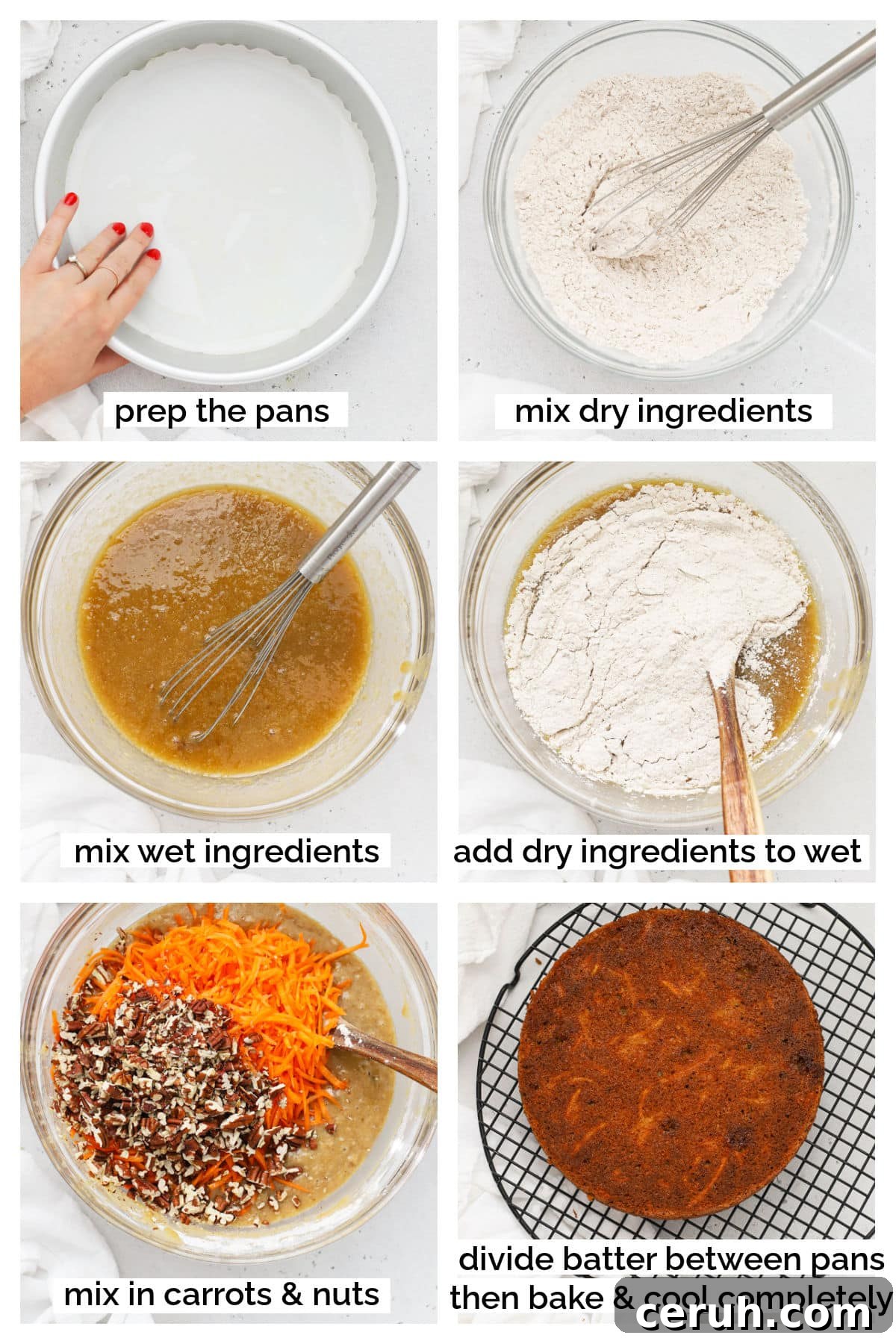mixing up a gluten-free carrot cake batter, step by step