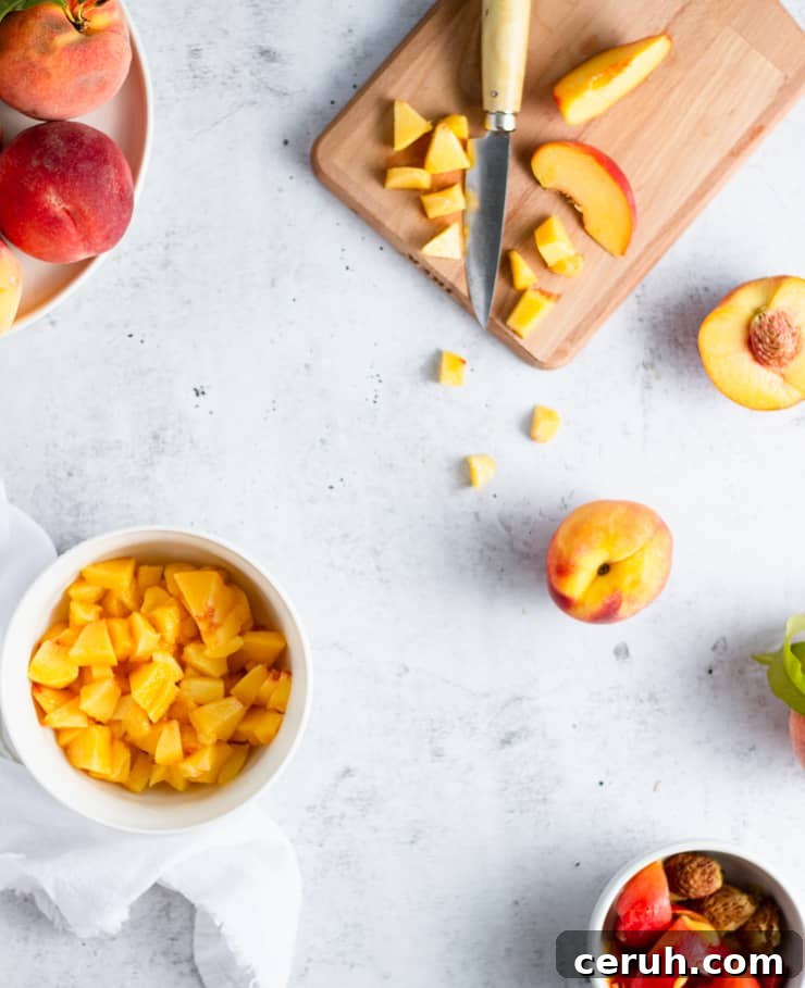 diced peaches on a cutting board
