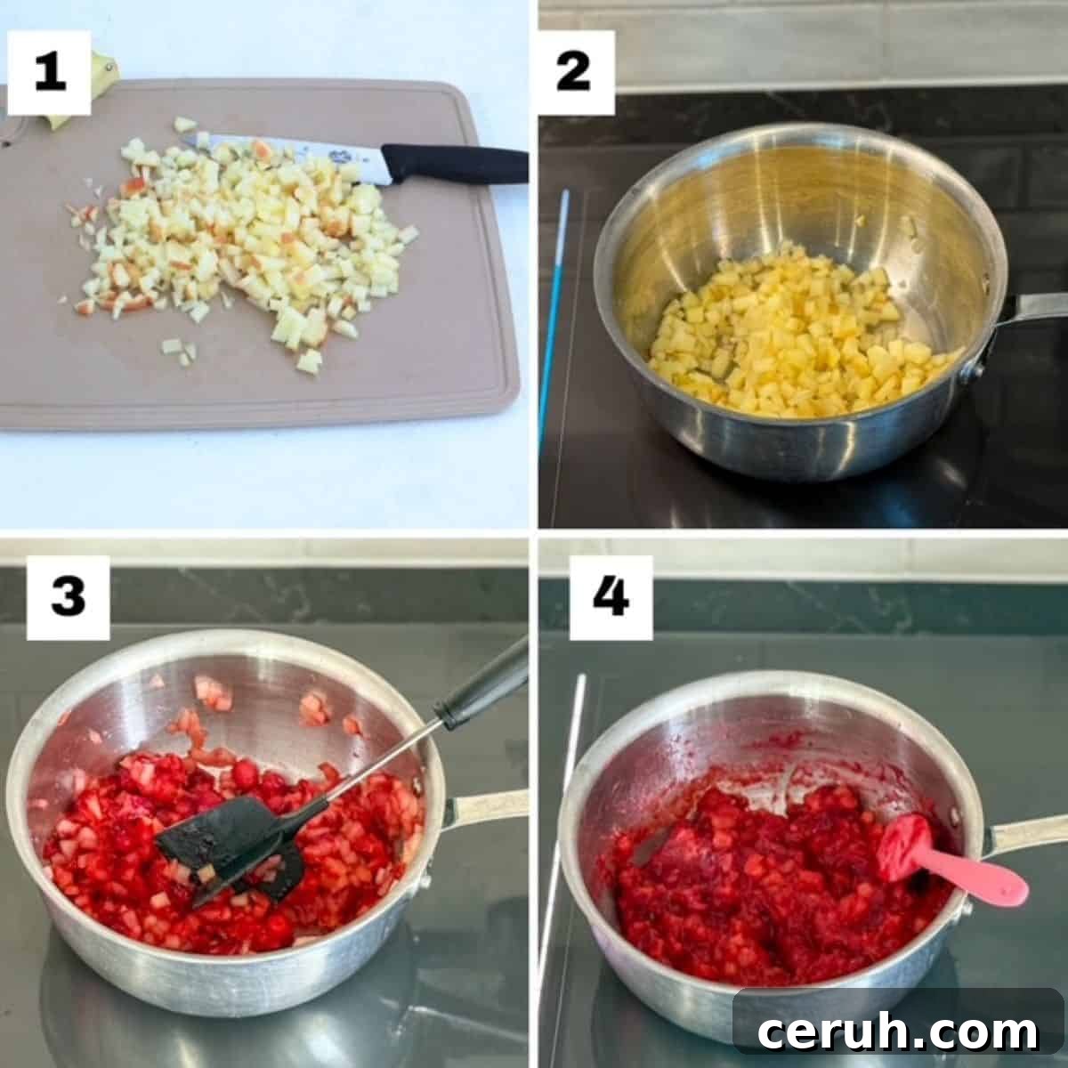 Four numbered images showing how to make low sugar cranberry sauce.