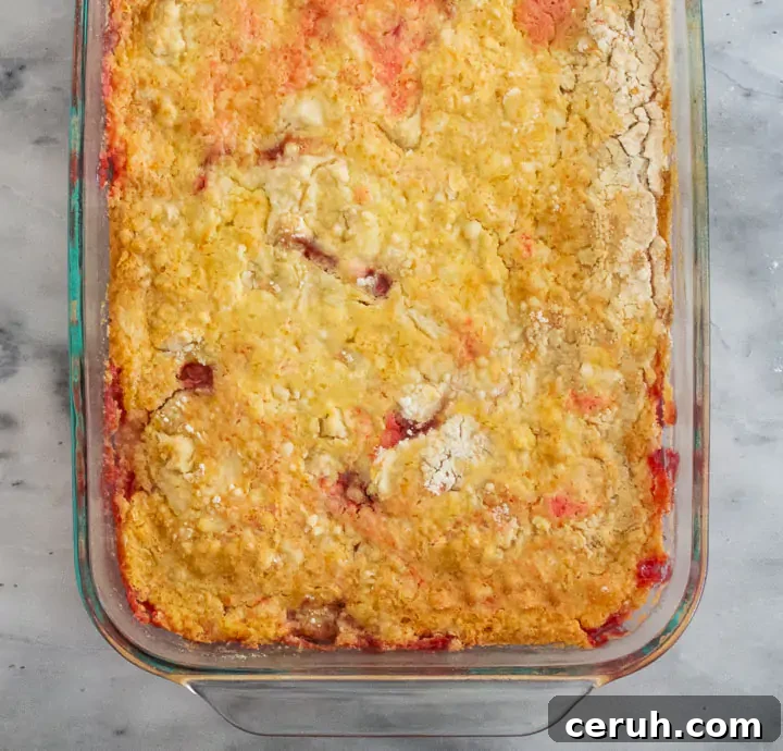 overhead view of strawberry cobbler after it's been baked