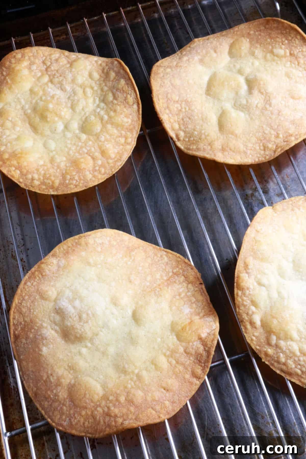Homemade Tostada Shells: Crispy Tortilla Shell Recipe 9 Four tostadas on a wire rack