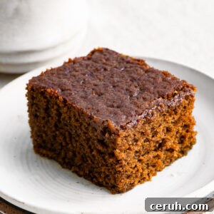 Slice of gingerbread cake on a plate next to a cup of coffee.