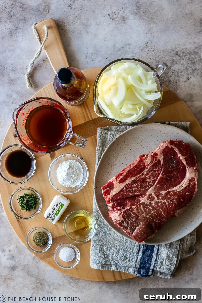 Overhead photo of ingredients for a French Onion pot roast