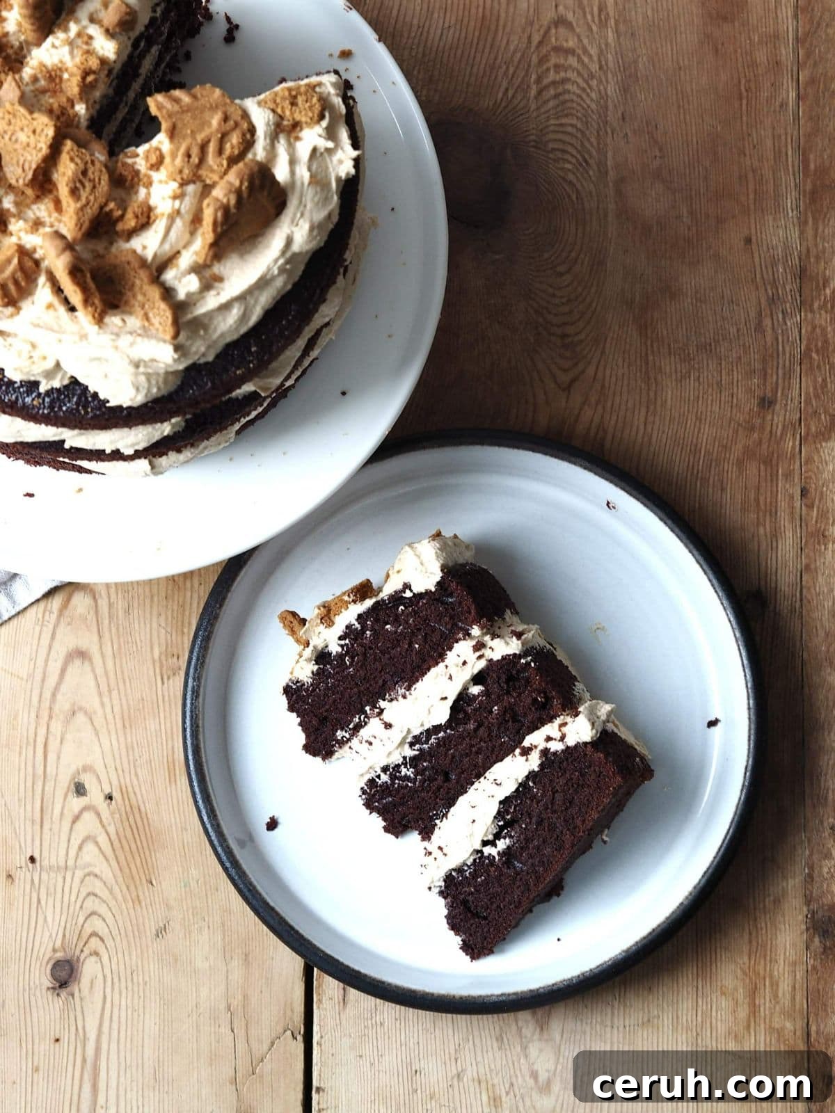 slice of biscoff cake on plate.