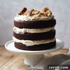 whole biscoff cake on a white cake stand.