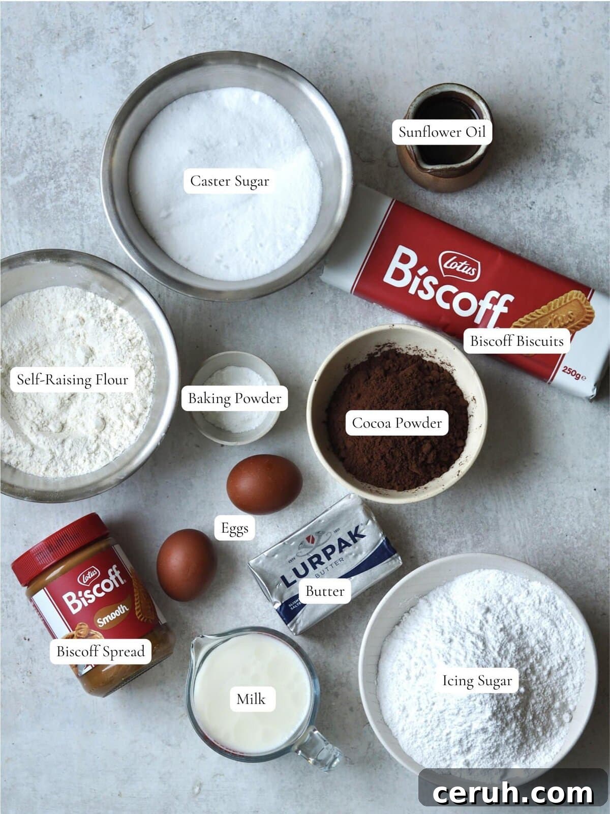 labelled ingredients for biscoff cake.