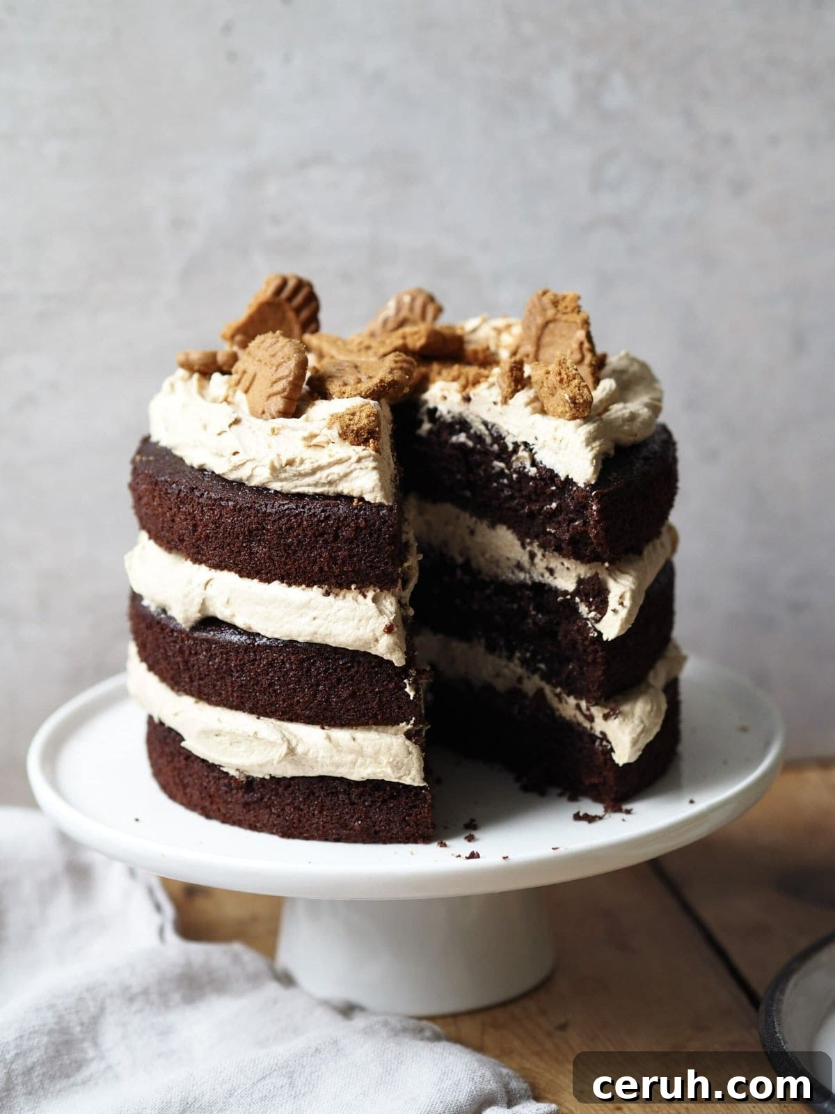 biscoff cake with a slice removed.