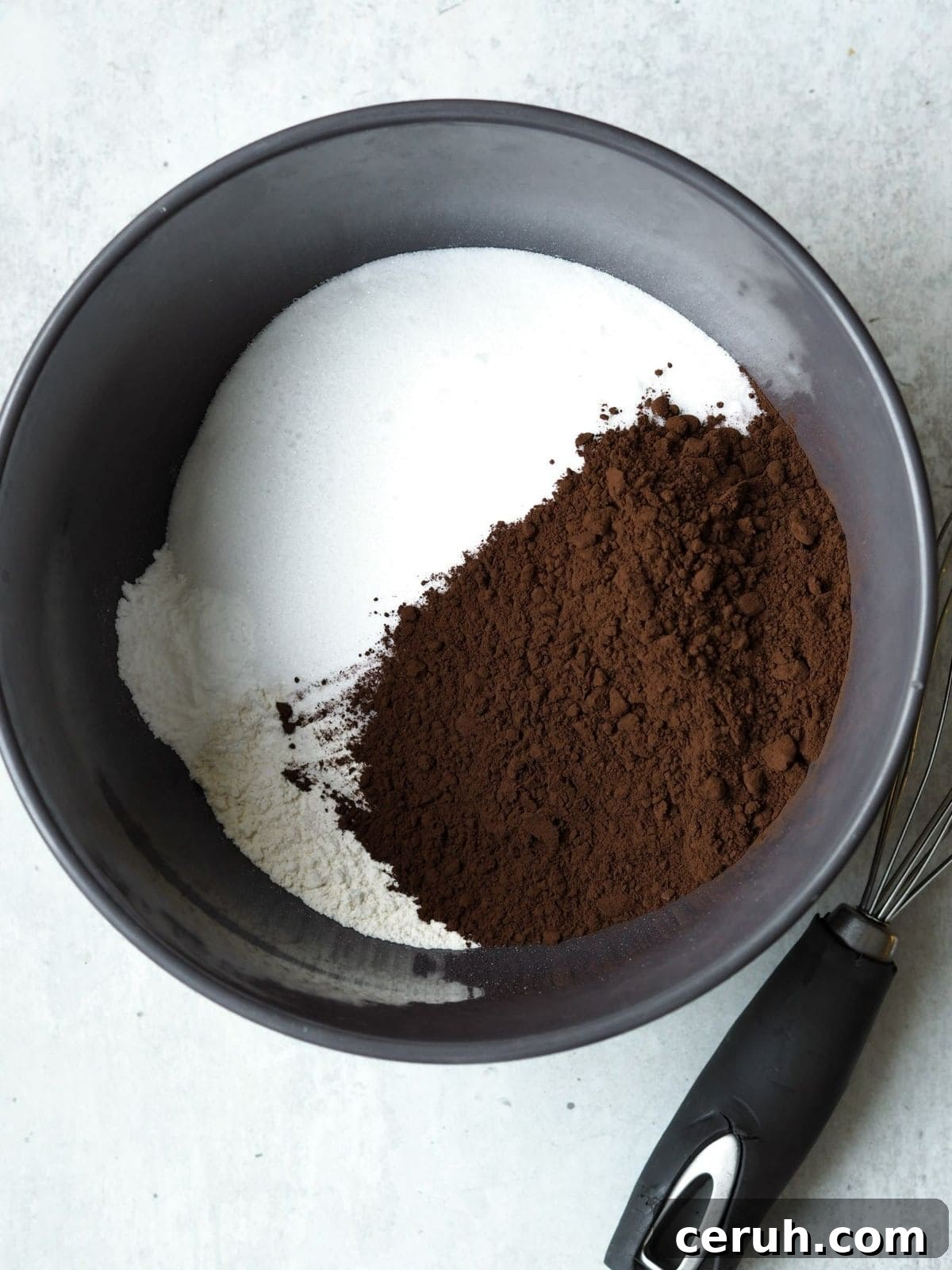 adding cocoa powder to sugar.