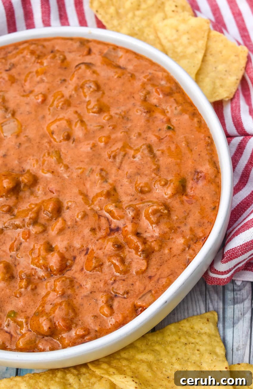CHILI CHEESE DIP IN A SHALLOW WHITE SERVING BOWL SURROUNDED BY TORTILLA CHIPS