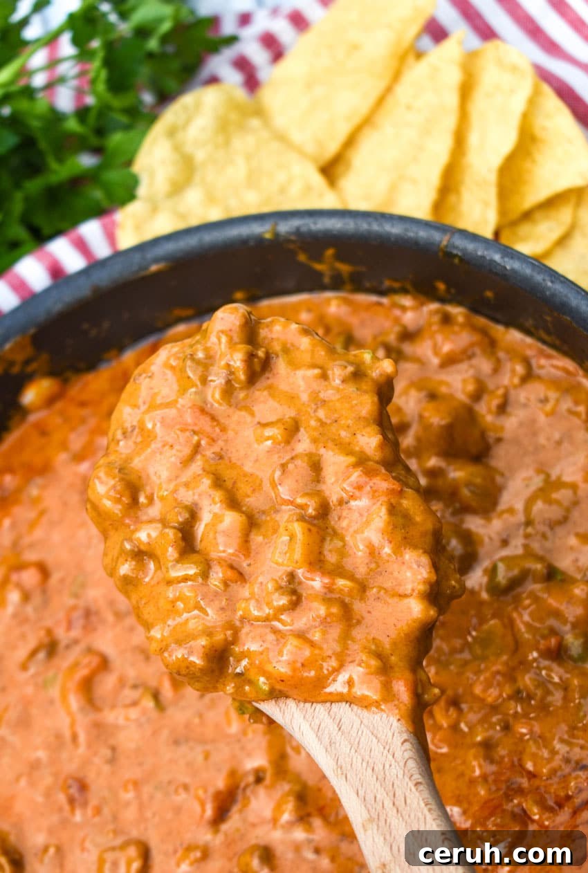 A WOODEN SPOON HOLDING UP A SCOOP OF THE BEST HOMEMADE CHILI CHEESE DIP