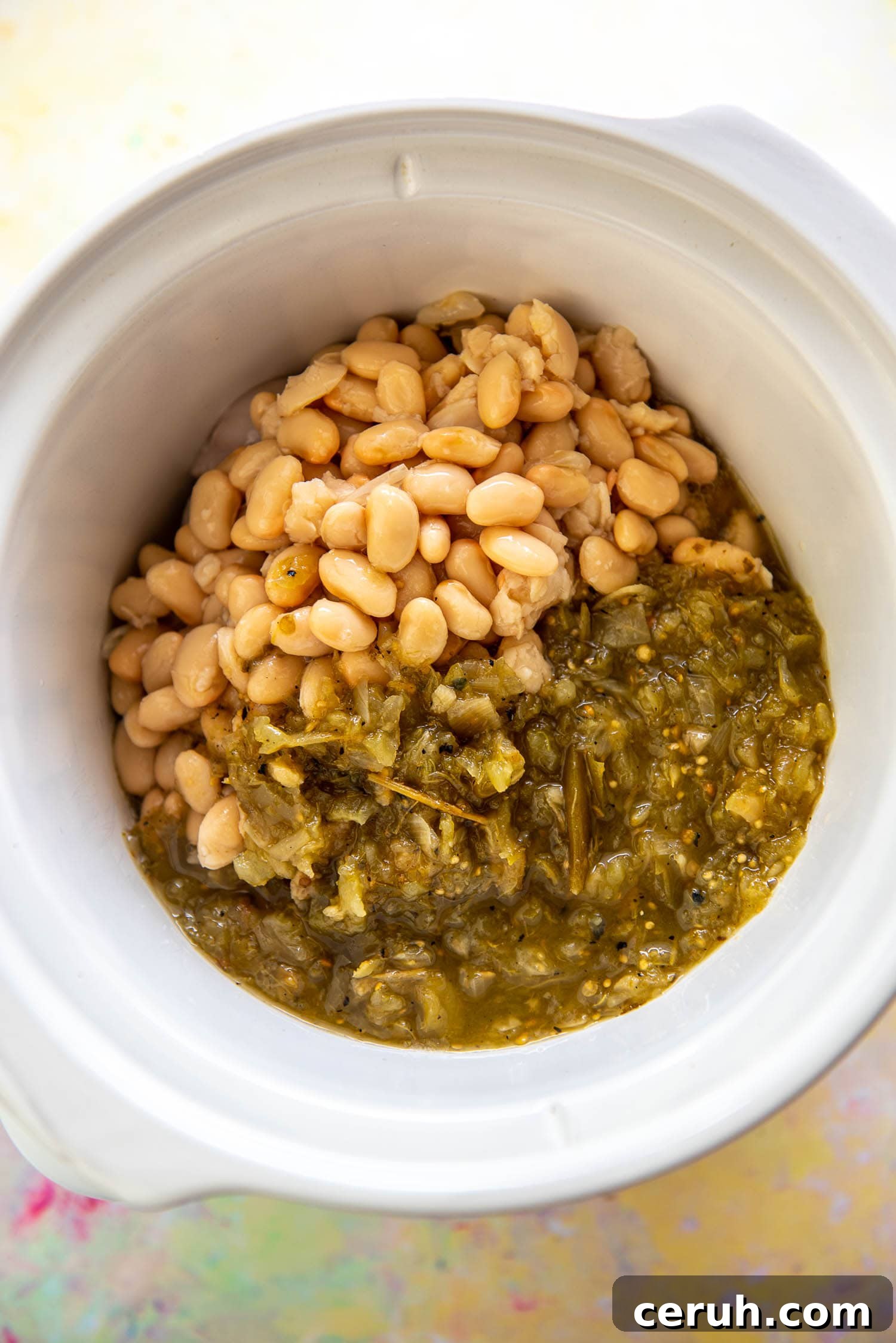 white beans and salsa verde in slow cooker