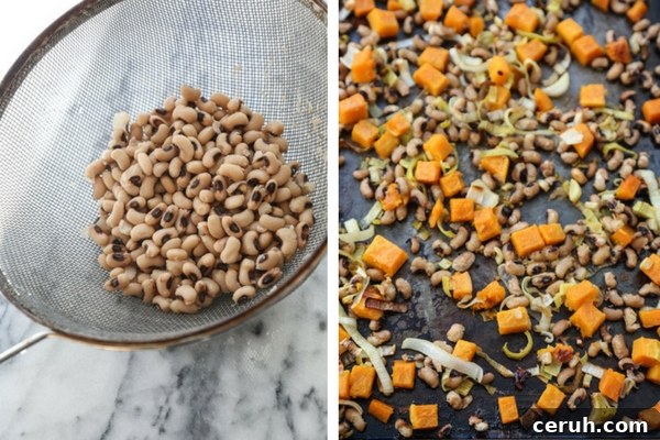 This easy roasted pork tenderloin recipe uses just a sheet pan! It's marinated in mustard sauce and baked in the oven with a healthy mix of butternut squash, black-eyed peas and leeks. | Gluten-Free | Feed Me Phoebe