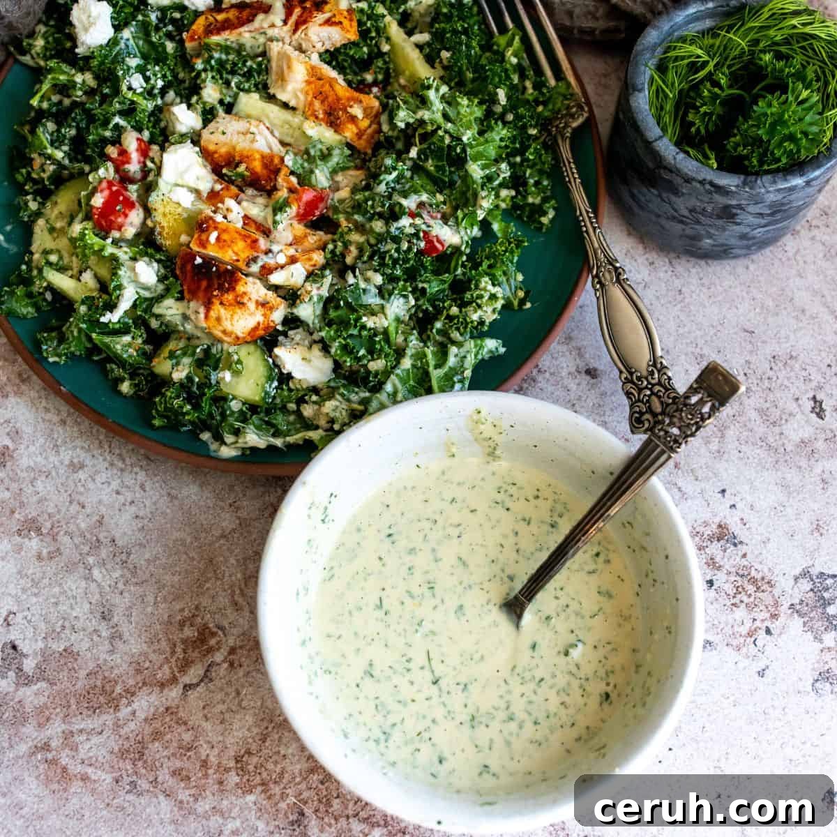 Salad with dressing on top