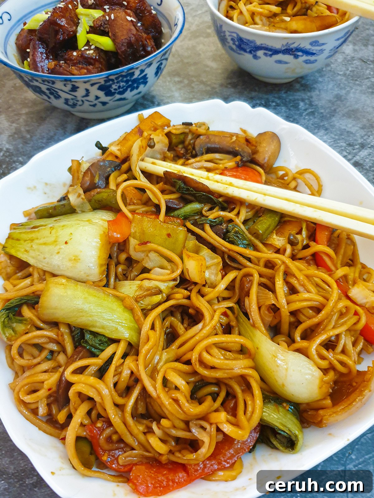 A dish of vegetable lo mein.