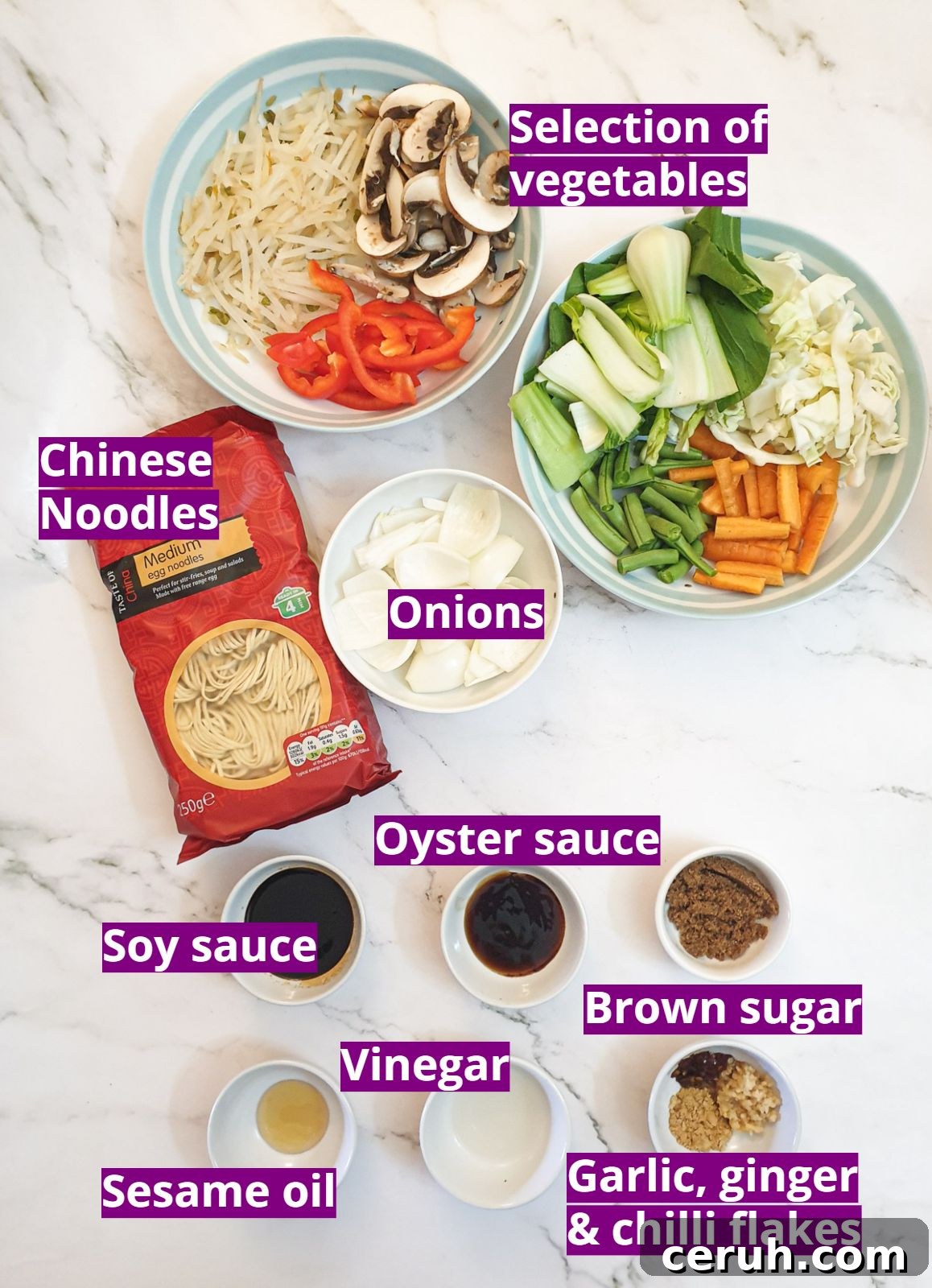 Ingredients for making vegetable lo mein.
