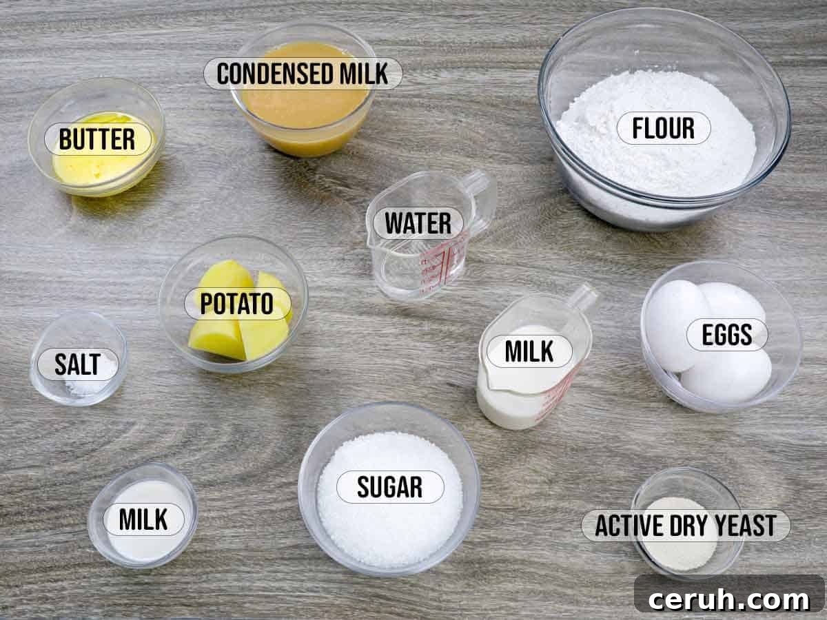 ingredients for yema bread rolls in bowls.