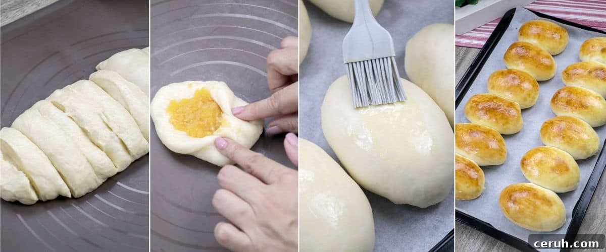 assembling and baking bread rolls with custard filling.