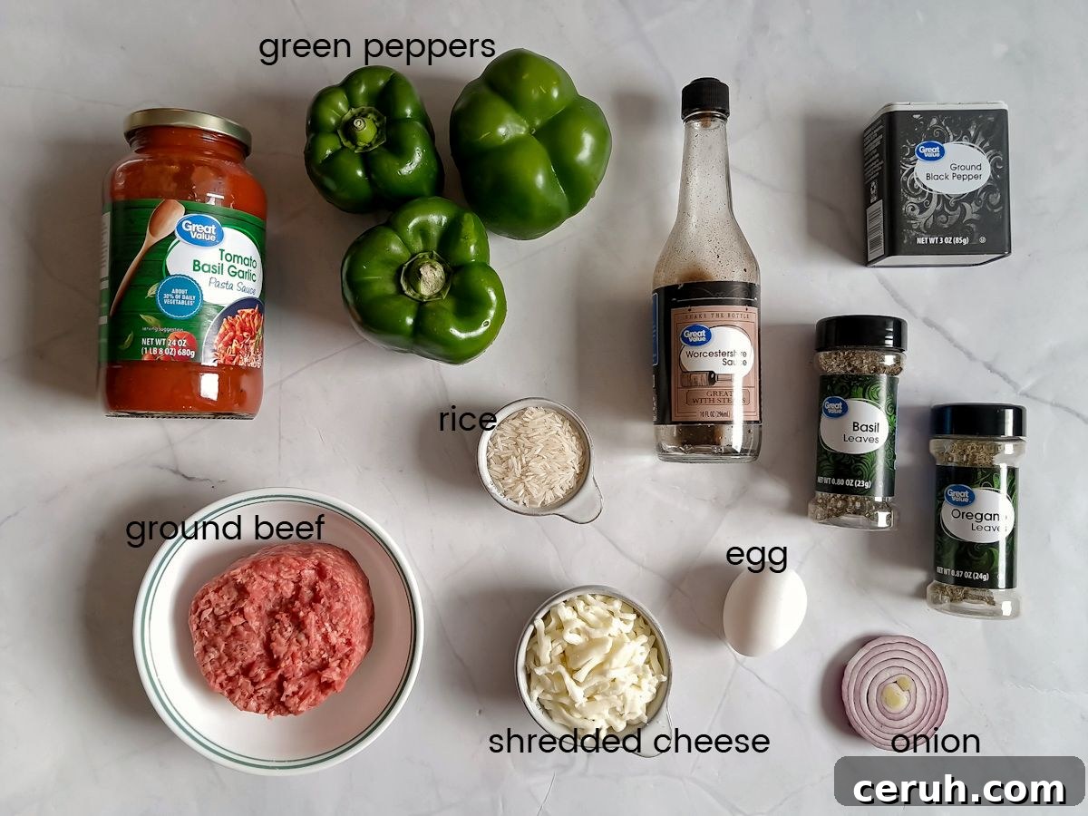 Ingredients: peppers, ground beef, onion, spaghetti sauce, rice, cheese, worcestershire sauce, egg, and seasonings.
