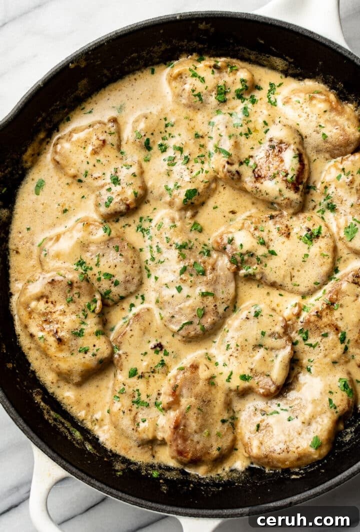 a cast iron skillet with pork tenderloin medallions in a creamy sauce