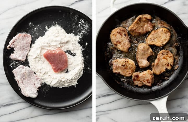 dredging pork in flour and pan searing in a cast iron skillet