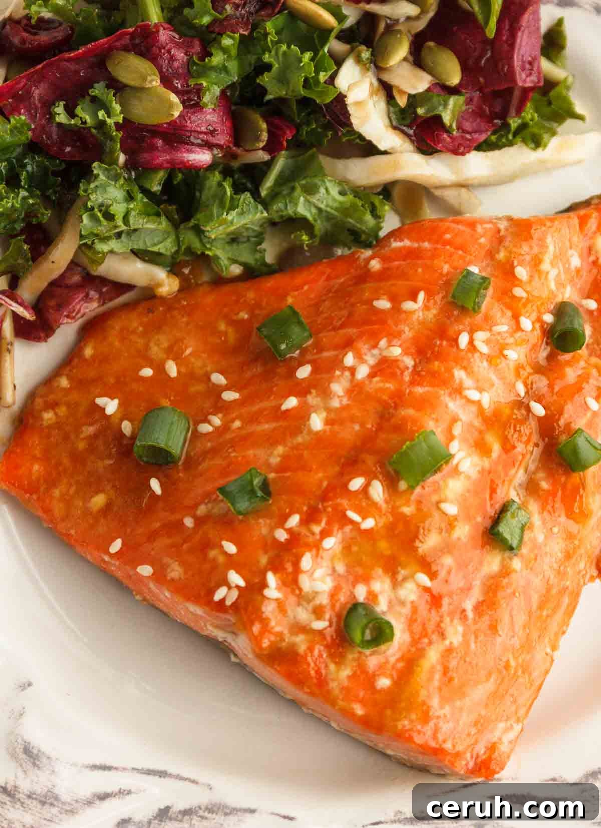 Apricot glazed salmon plated with salad and garnishes.