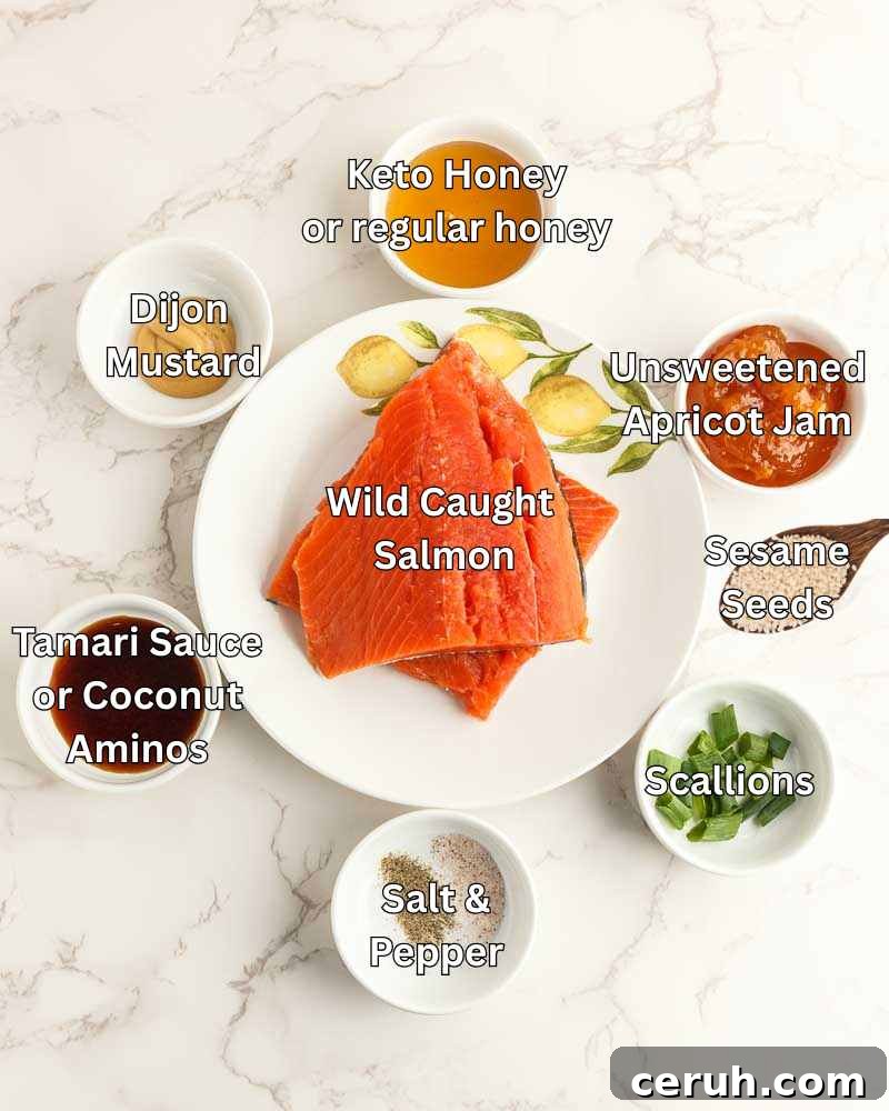 Ingredients for making apricot glazed salmon displayed on a table.