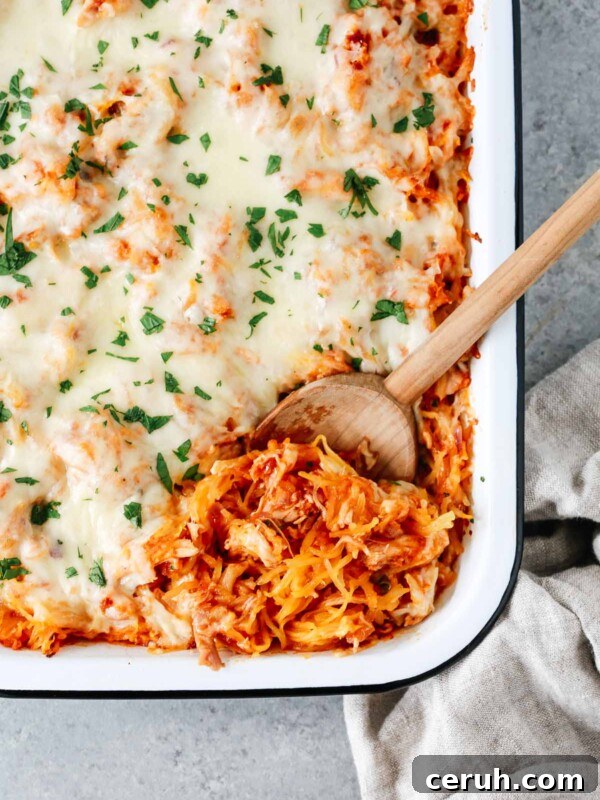 Overhead photo of a baking dish of spaghetti squash casserole