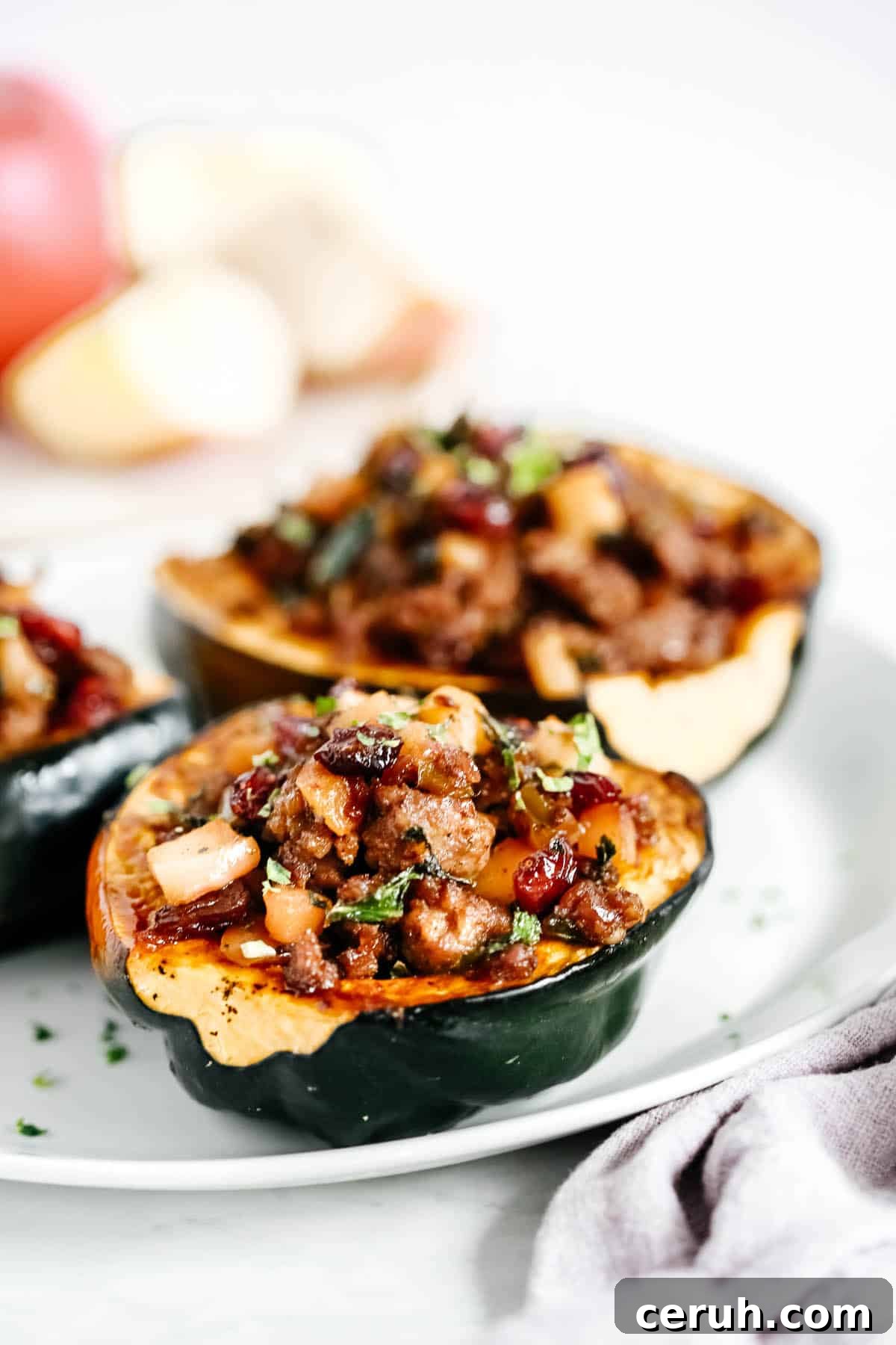 Close up of Sausage Stuffed Acorn Squash. 
