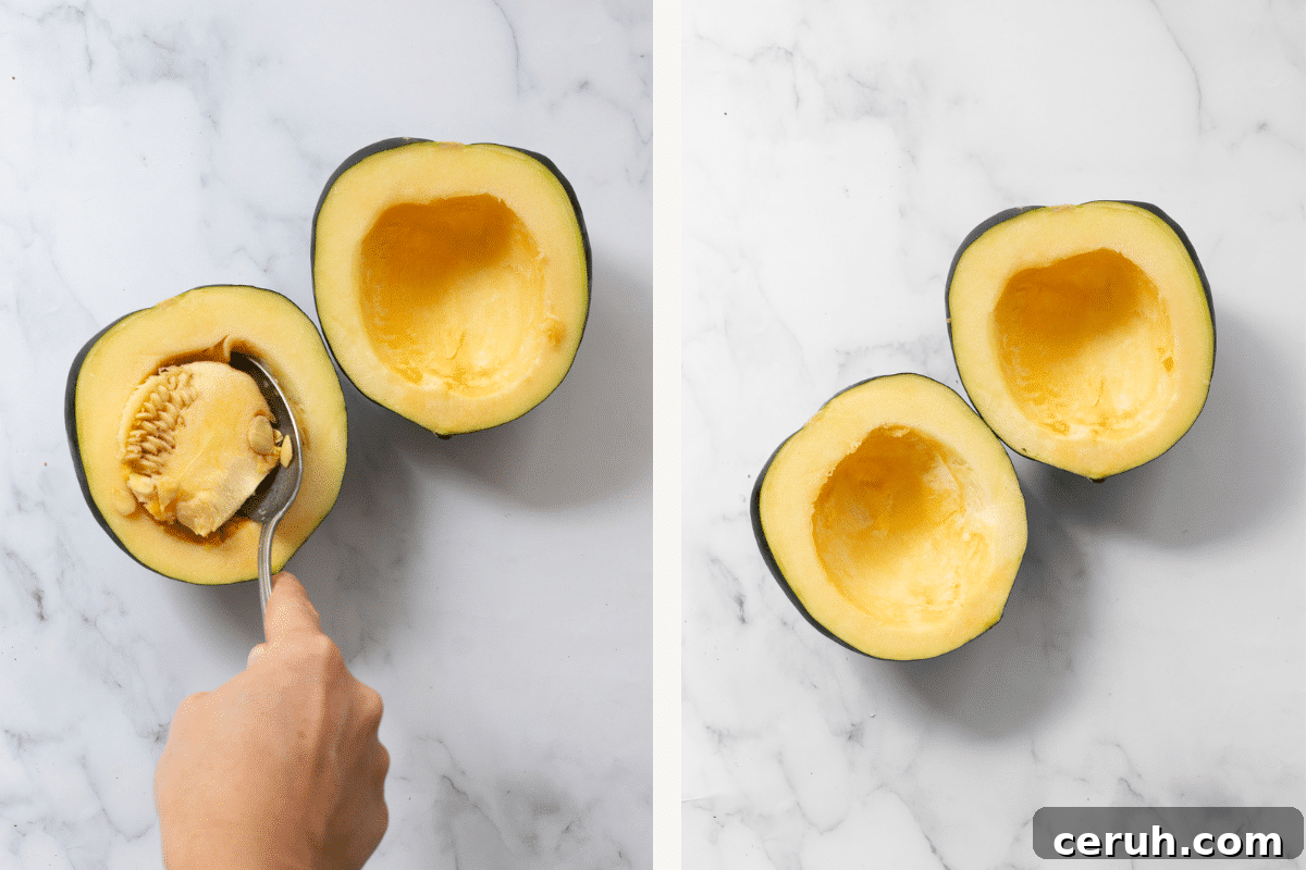 Left: A spoon scooping acorn squash seeds. Right: Clean acorn squash.