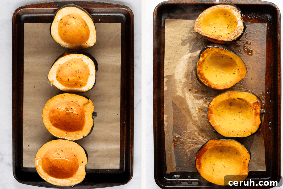 Left: Seasoned acorn squash on a baking sheet. Right: Roasted acorn squash. 