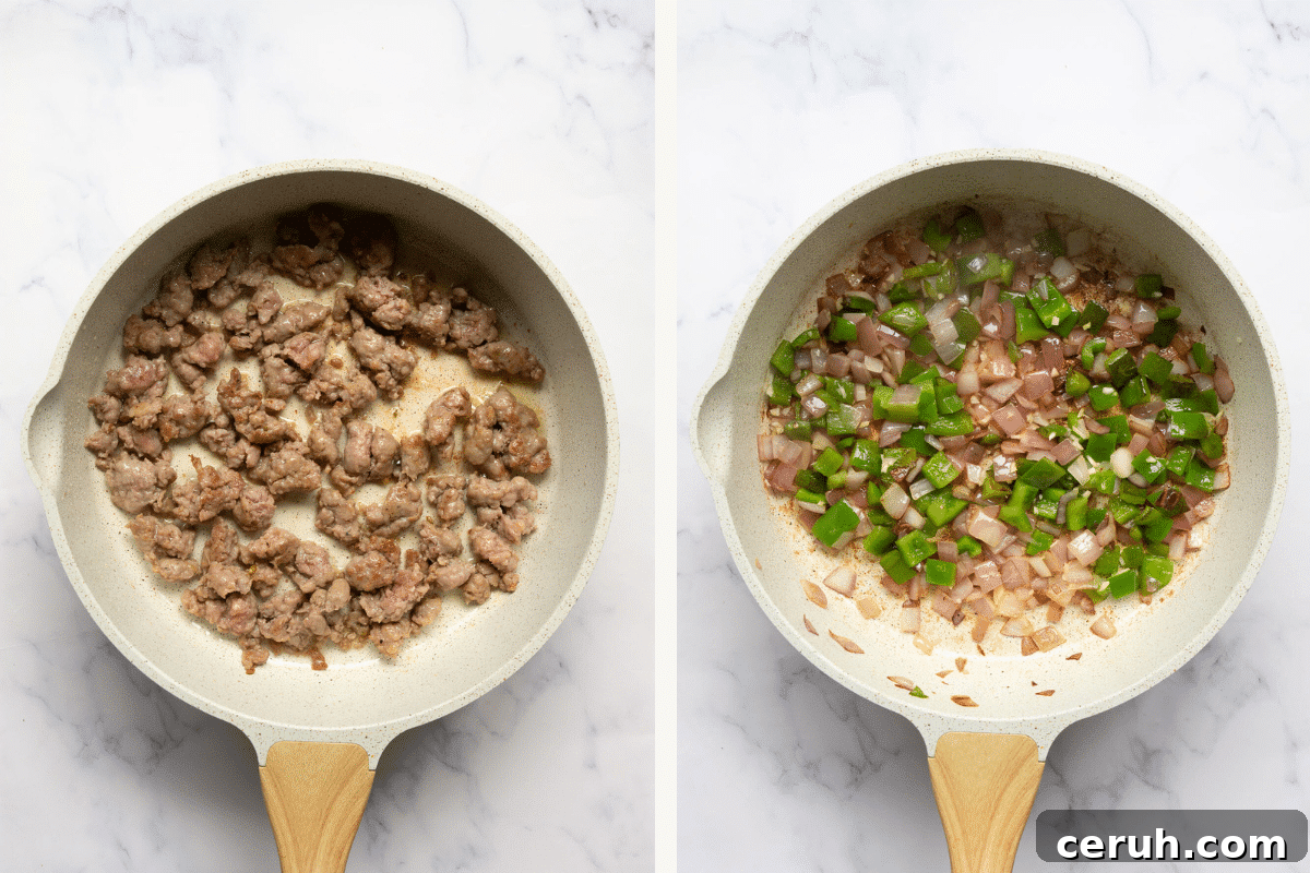 Left: Sausage cooking in a skillet. Right: Onions and peppers added to the skillet.