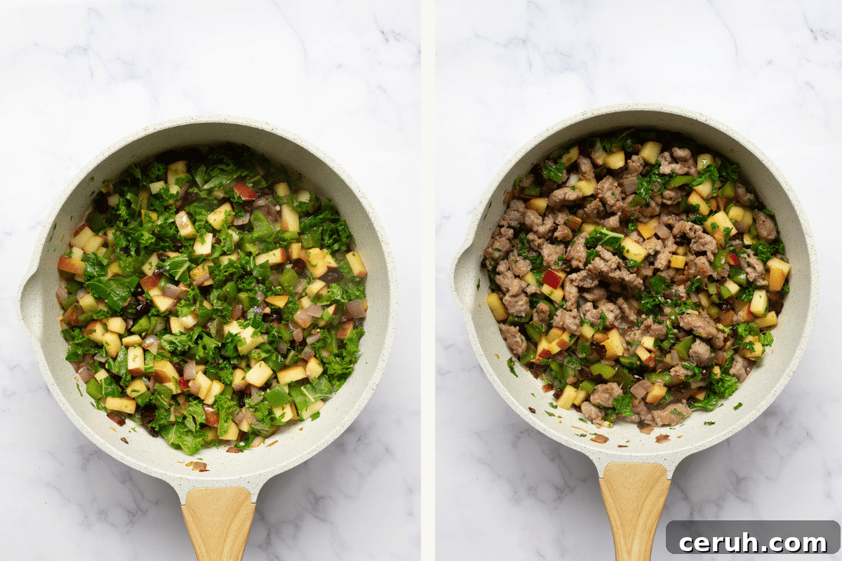 Left: Apple, kale, and cranberries added to the skillet. Right: Sausage added to the skillet. 