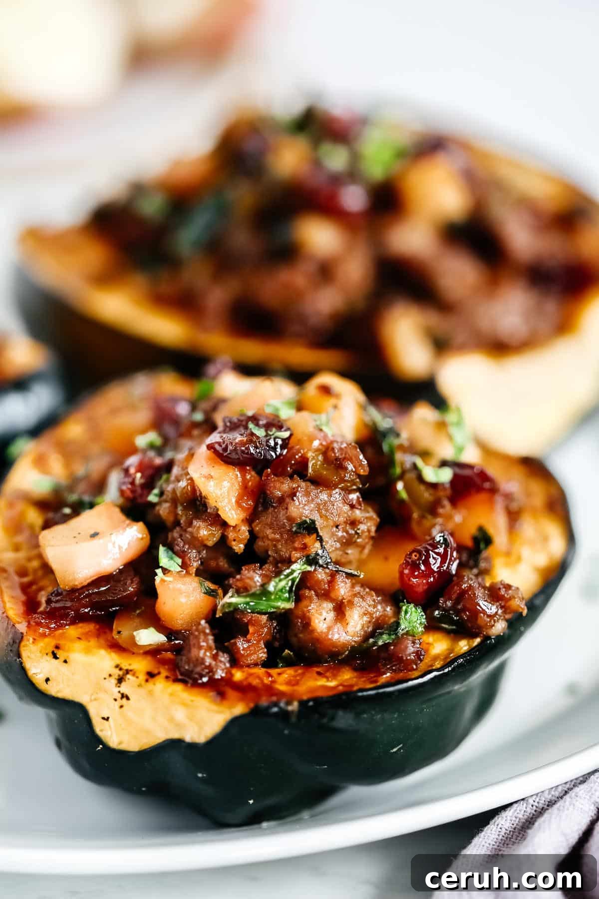 Close up of Sausage Stuffed Acorn Squash. 