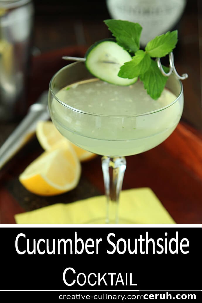 Cucumber Southside Cocktail with Gin, Cucumber, and Mint Served in a Coupe Glass with Cucumber and Mint Garnish
