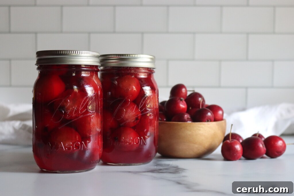 Two pint jars of home canned crabapples on a white counter with a bowl of crabapples next to them.