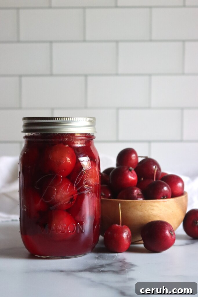 A jar of home canned crabapples in syrup on a counter next to fresh crabapples.