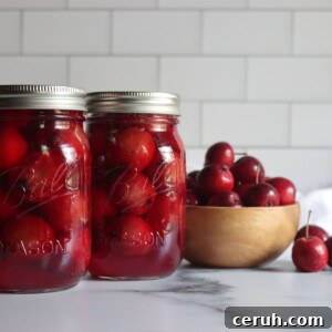 Two pint jars of home canned crabapples on a white counter with a bowl of crabapples next to them.