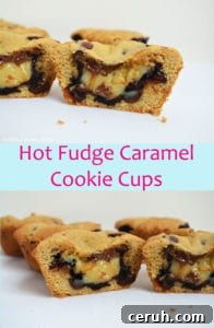 Final shot of Caramel Hot Fudge Cookie Cups on a plate