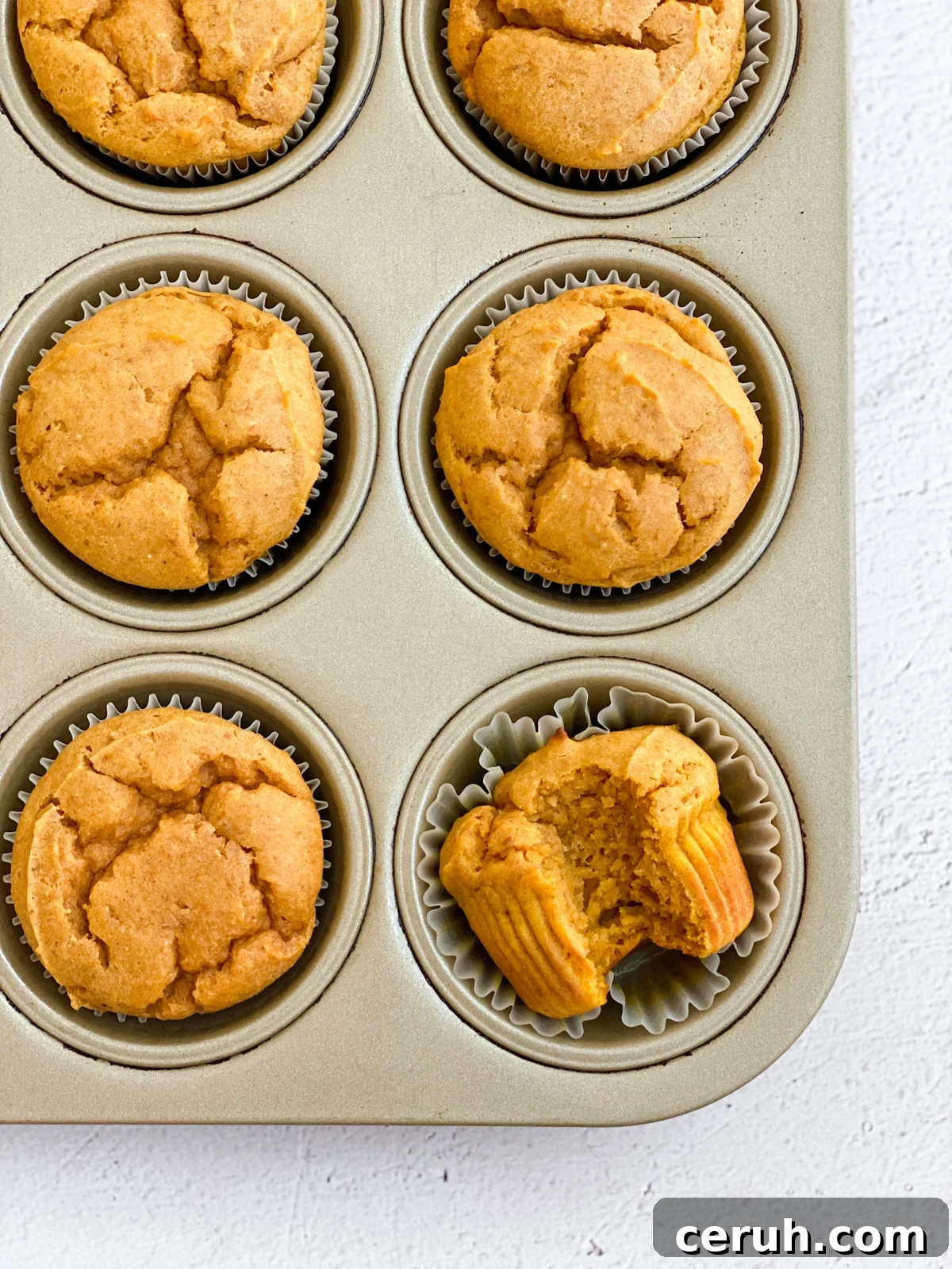 Pumpkin protein muffins in the muffin tin with a bite missing from one of the muffins.